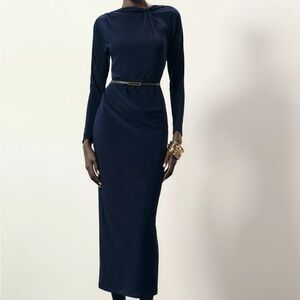 Minimal Navy Belted Midi Dress Gathered Twist Neck Long Zara Sleeve NWT S